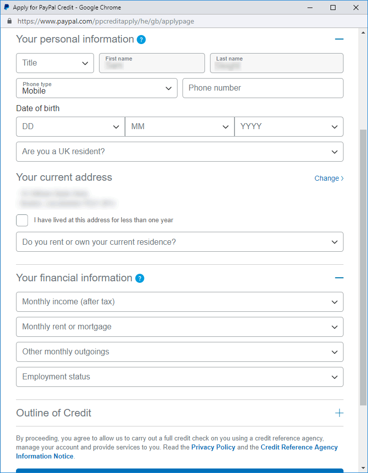 PayPal Credit Application Form