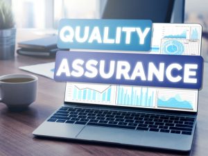 Laptop screen displaying charts and graphs with overlapping banners reading QUALITY and ASSURANCE; conveys quality assurance concepts.