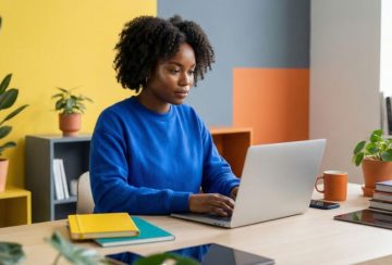Woman in a blue sweater typing on a laptop at a bright, plant-filled desk.
