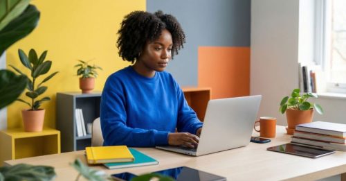 Woman in a blue sweater typing on a laptop at a bright, plant-filled desk.