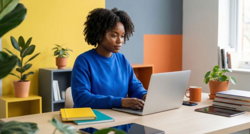 Woman in a blue sweater typing on a laptop at a bright, plant-filled desk.