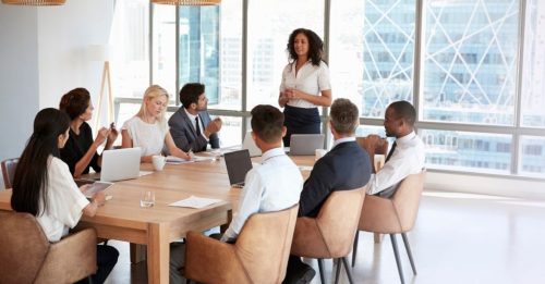 Diverse group of professionals in a modern office listening to a woman presenting at a conference table.