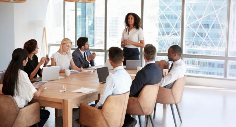 Diverse group of professionals in a modern office listening to a woman presenting at a conference table.